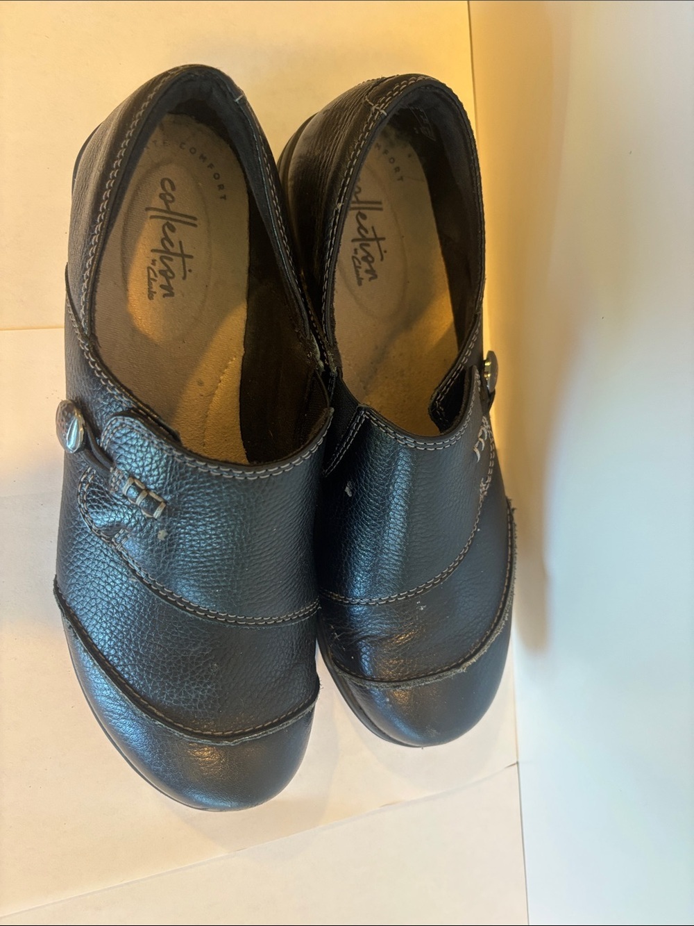 Clarks Black Leather Slip-On Dress Shoes with Decorative Button - Picture 3 of 6